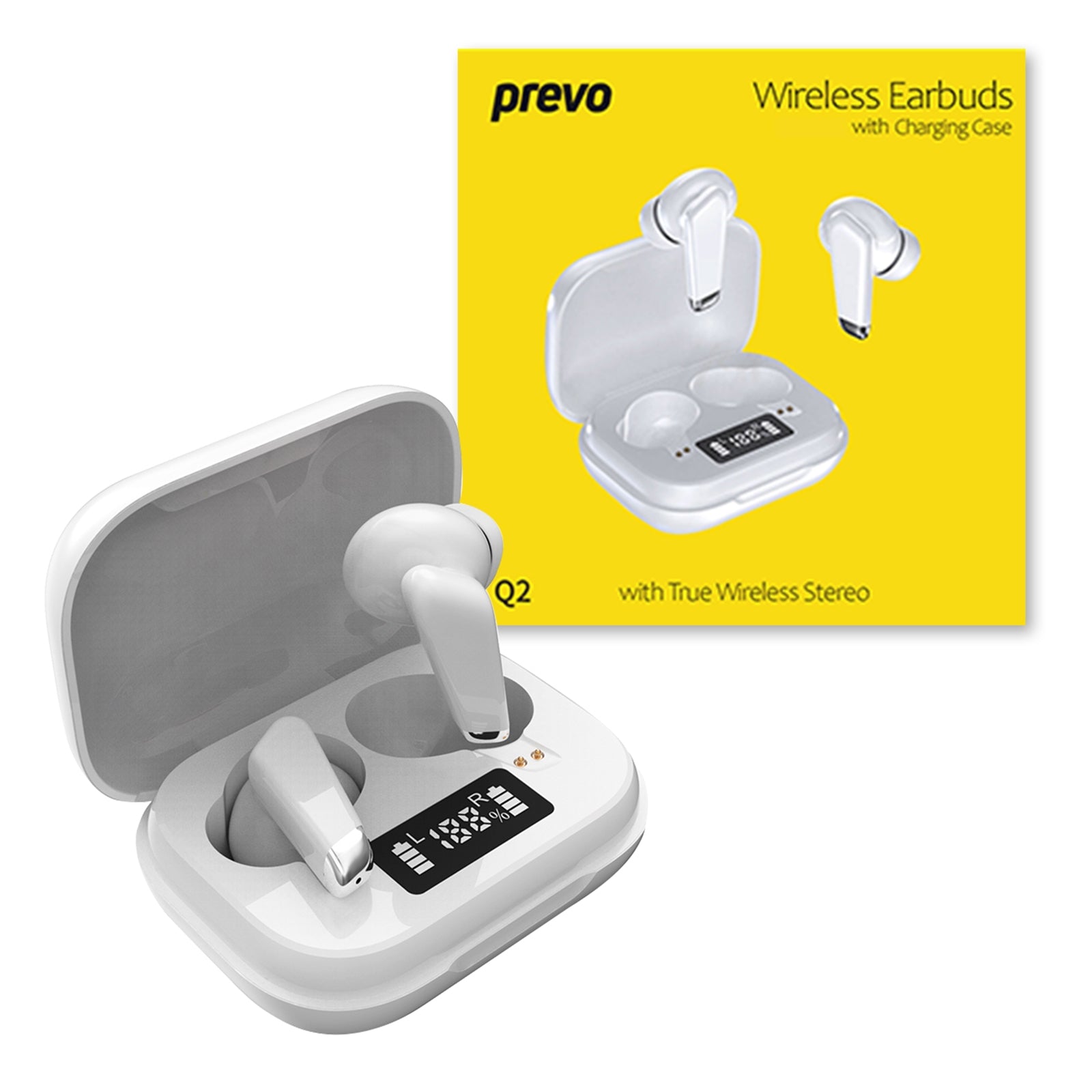 Prevo Q2 TWS Earbuds, Bluetooth 5.1, Automatic Pairing, Touch Control Feature with Digital LED Display Wireless Charging Case, Android, IOS and Windows Compatible, White Prevo Q2 TWS Earbuds, Bluetooth 5.1, Automatic Pairing, Touch Control Feature with Digital LED Display Wireless Charging Case, Android, IOS and Windows Compatible, White